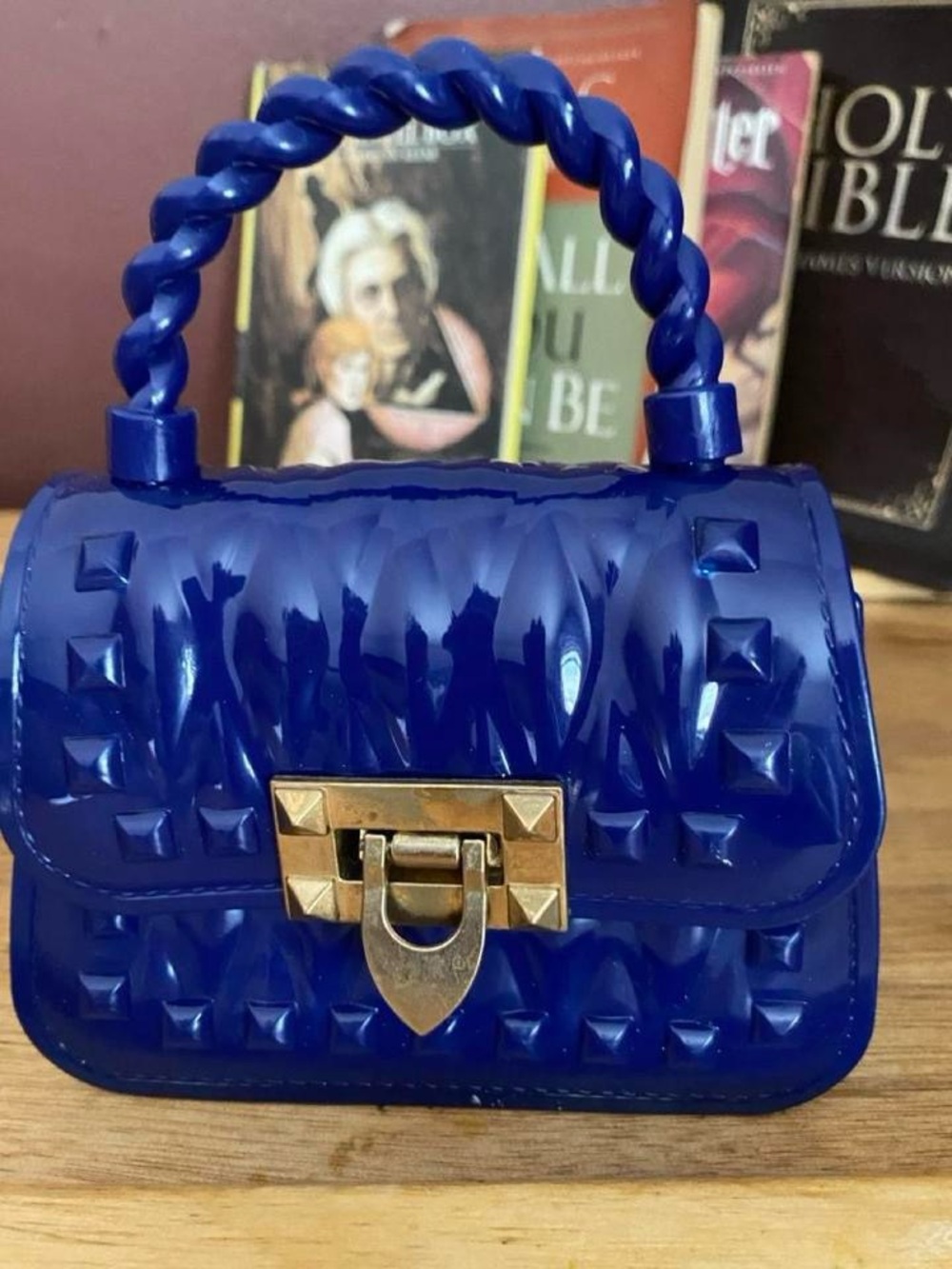 SHEIN Royal Blue Studded Mini Top-Handle Bag with Gold Hardware
